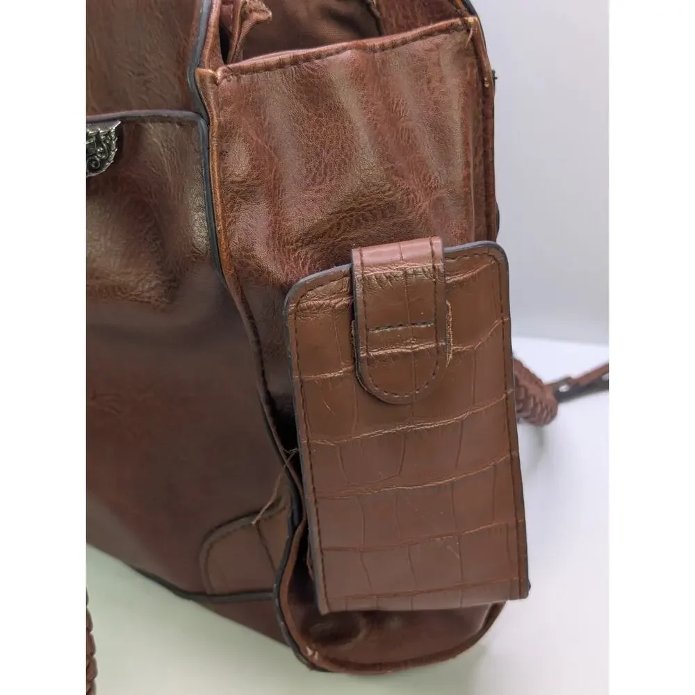 Bueno Brown Faux Leather Satchel Handbag Braided Handles Western Croc Trim